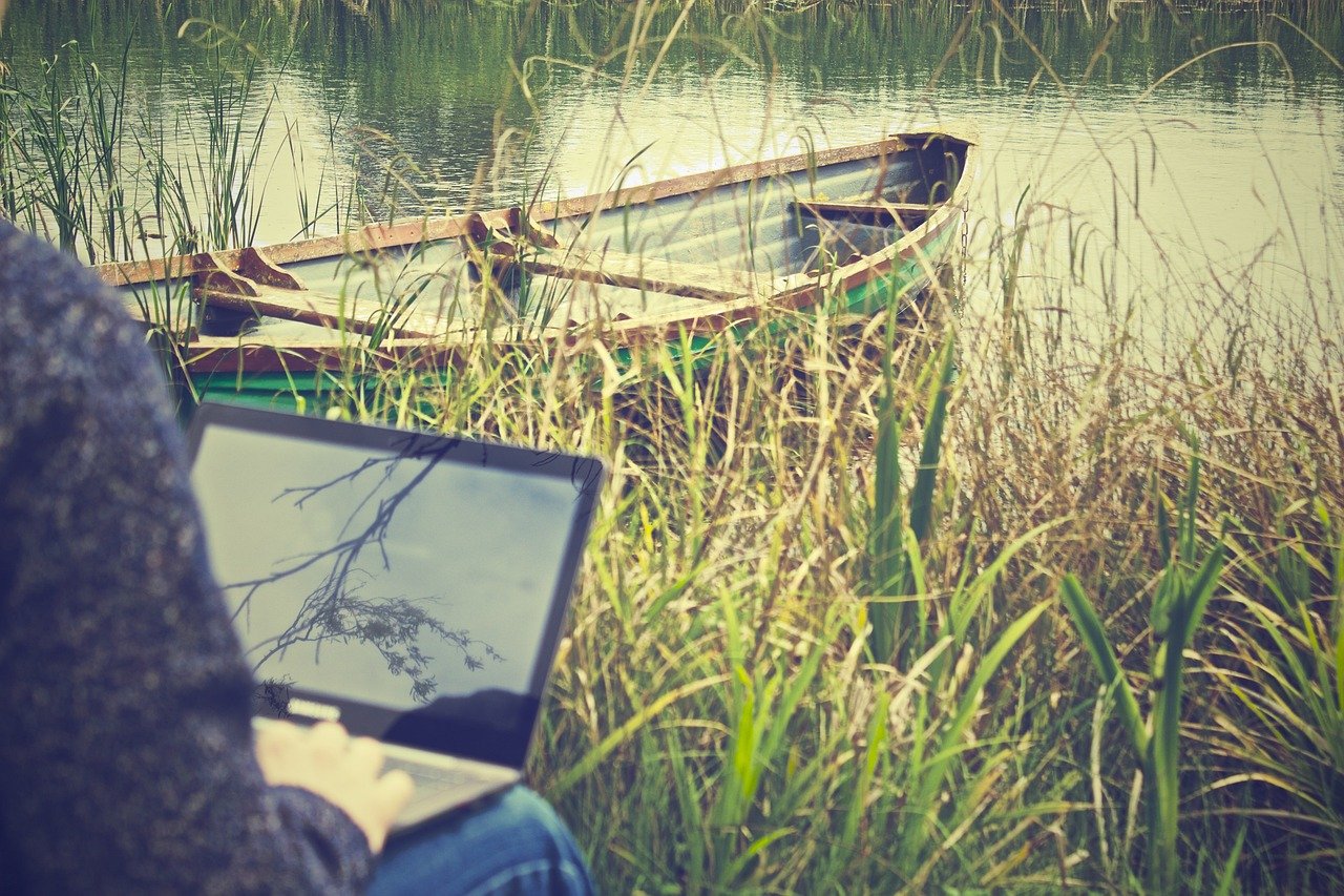 rowboat in a lake at shore with high grass and man with open laptop on his knees